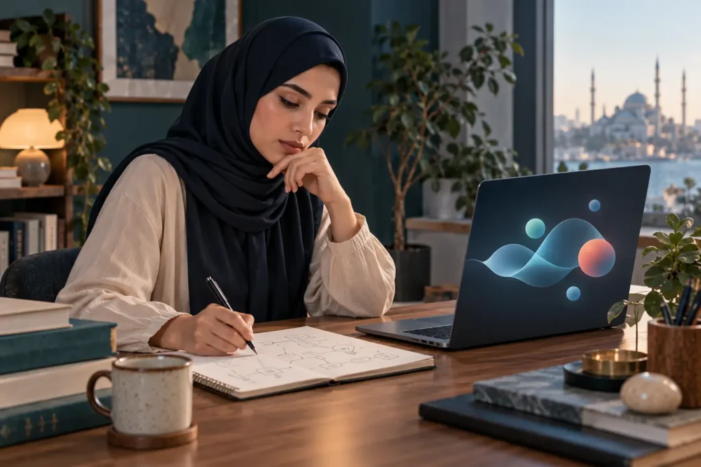 طالبة تكتب حلها بنفسها بجوار مساعد رقمي أثناء الدراسة