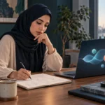 طالبة تكتب حلها بنفسها بجوار مساعد رقمي أثناء الدراسة