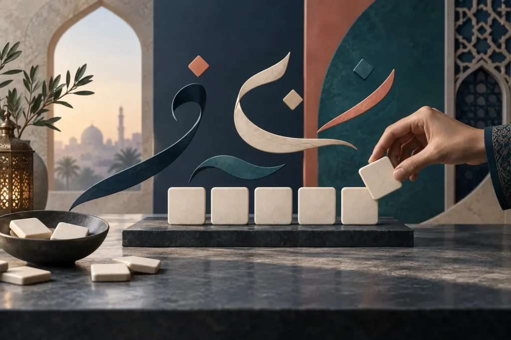 حروف عربية مبعثرة في لعبة ترتيب كلمات تفاعلية