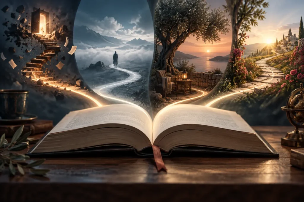 كتاب مفتوح وصفحة أخيرة ترمز إلى أنواع نهايات القصص