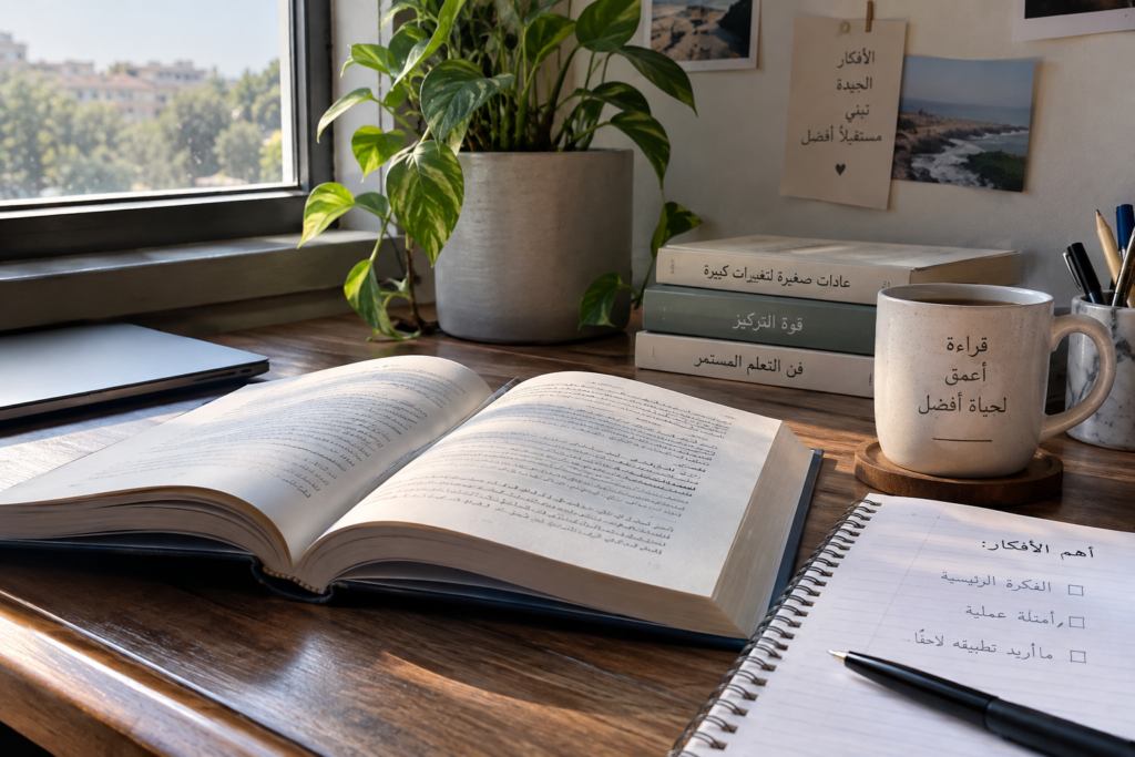 كتاب مفتوح ودفتر ملاحظات على مكتب يوضح طريقة تذكر ما تقرأ وتثبيت المعلومات بعد القراءة
