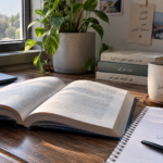 كتاب مفتوح ودفتر ملاحظات على مكتب يوضح طريقة تذكر ما تقرأ وتثبيت المعلومات بعد القراءة
