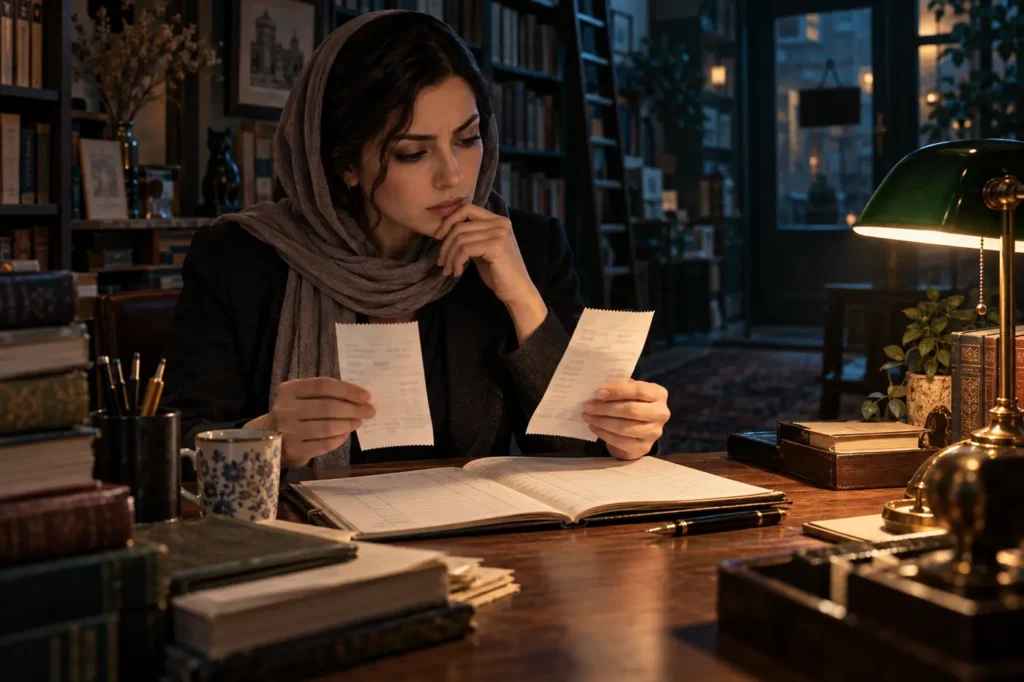 محاسبة تقارن إيصالين تحت مصباح داخل مكتبة