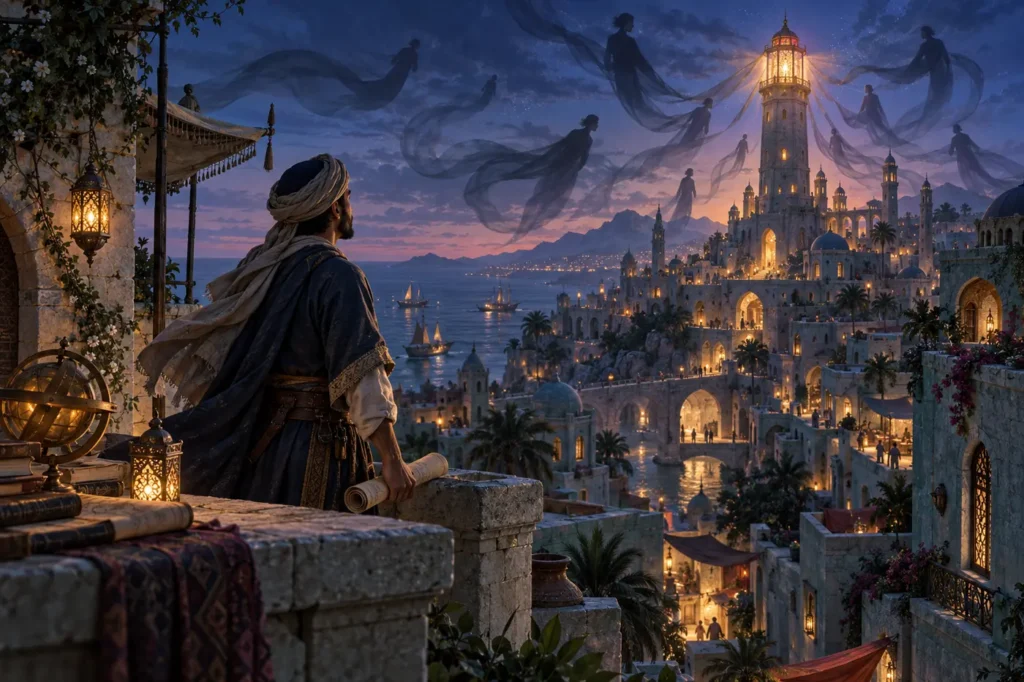رسام خرائط يشاهد ظلالاً طائرة فوق مدينة ساحلية سحرية